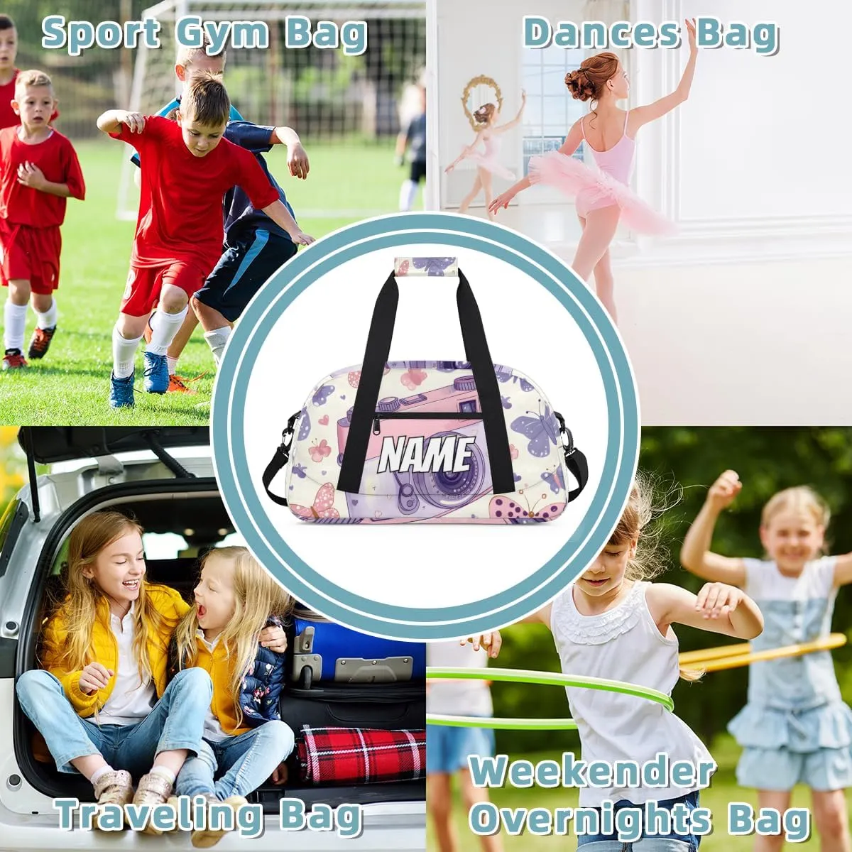 Personalized Custom Gym Bag for Women Men Carry on Purple Camera Travel Duffel Tote Butterflies Pattern Overnight Workout Weekender Bag