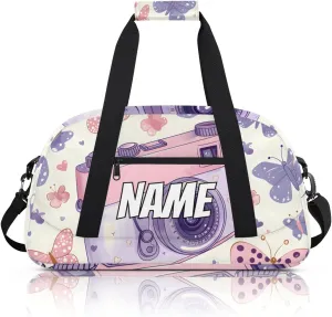 Personalized Custom Gym Bag for Women Men Carry on Purple Camera Travel Duffel Tote Butterflies Pattern Overnight Workout Weekender Bag