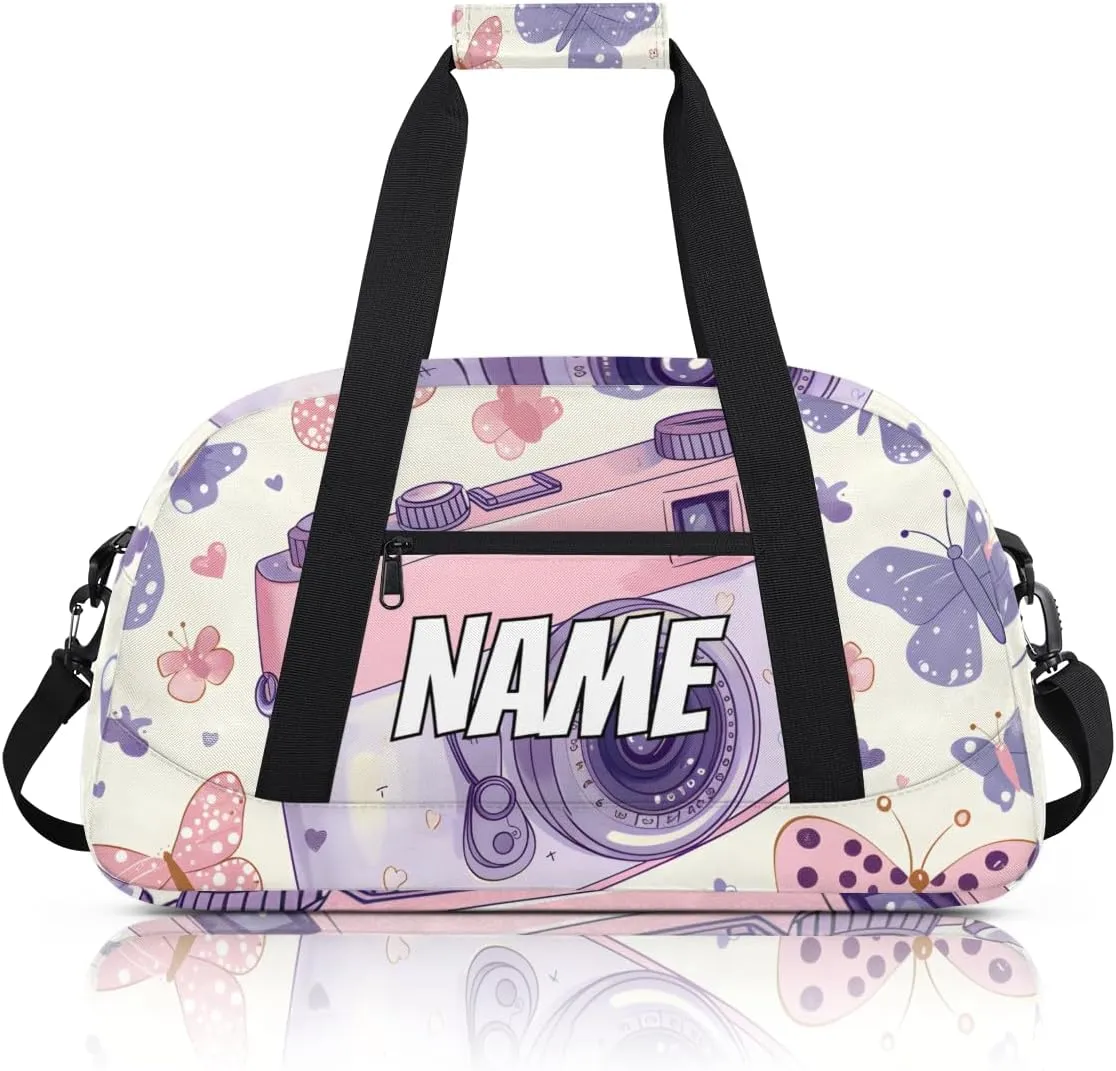 Personalized Custom Gym Bag for Women Men Carry on Purple Camera Travel Duffel Tote Butterflies Pattern Overnight Workout Weekender Bag