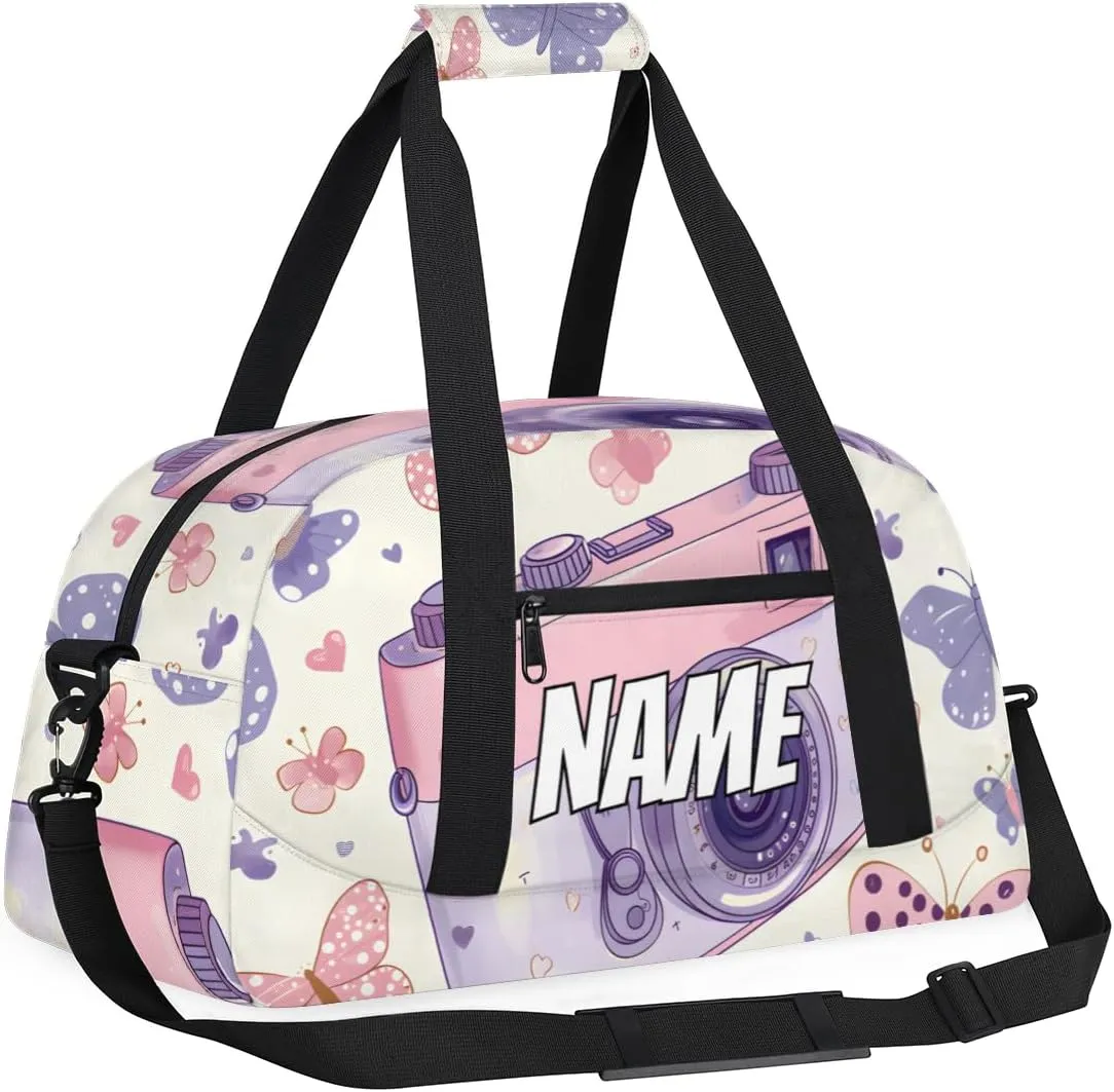 Personalized Custom Gym Bag for Women Men Carry on Purple Camera Travel Duffel Tote Butterflies Pattern Overnight Workout Weekender Bag