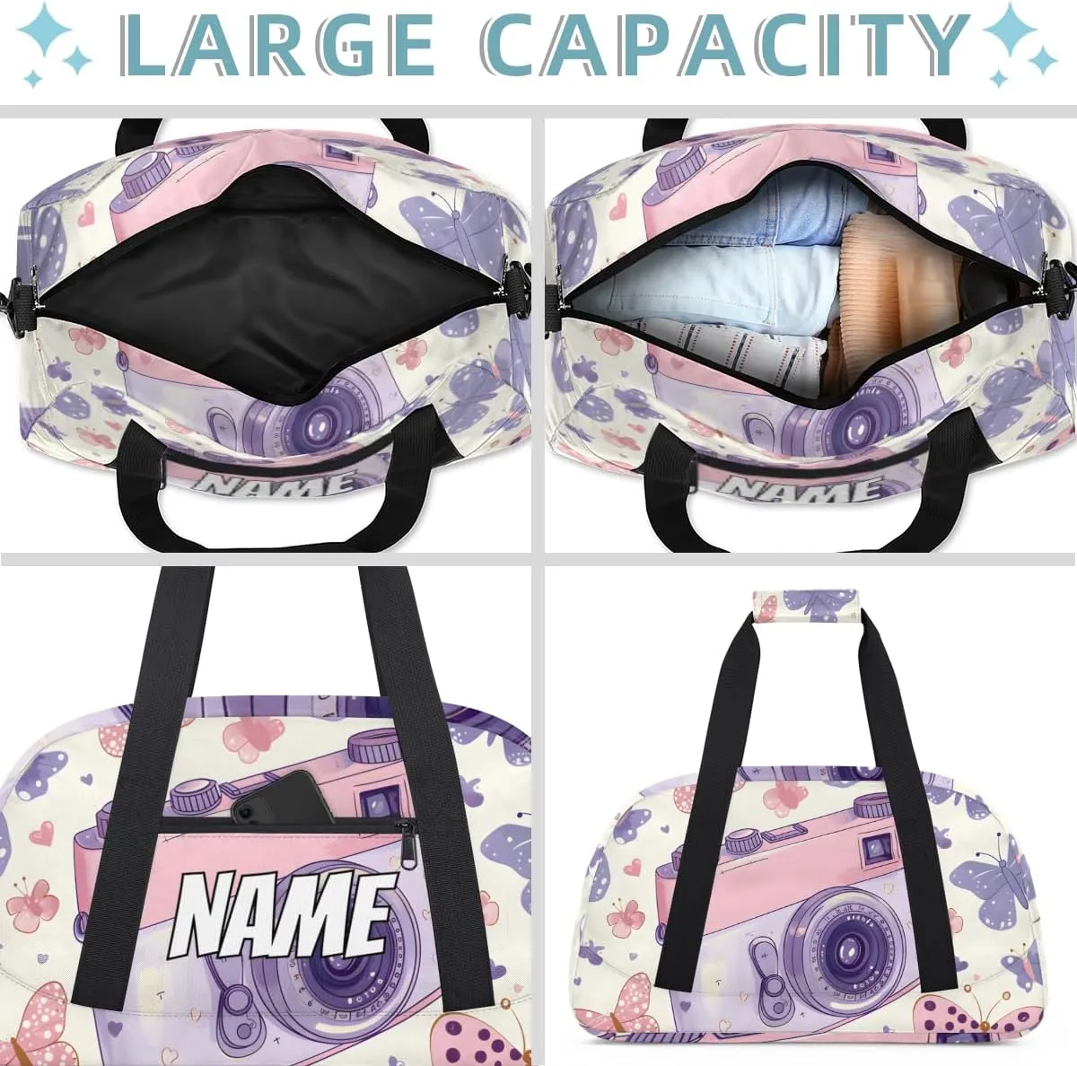 Personalized Custom Gym Bag for Women Men Carry on Purple Camera Travel Duffel Tote Butterflies Pattern Overnight Workout Weekender Bag