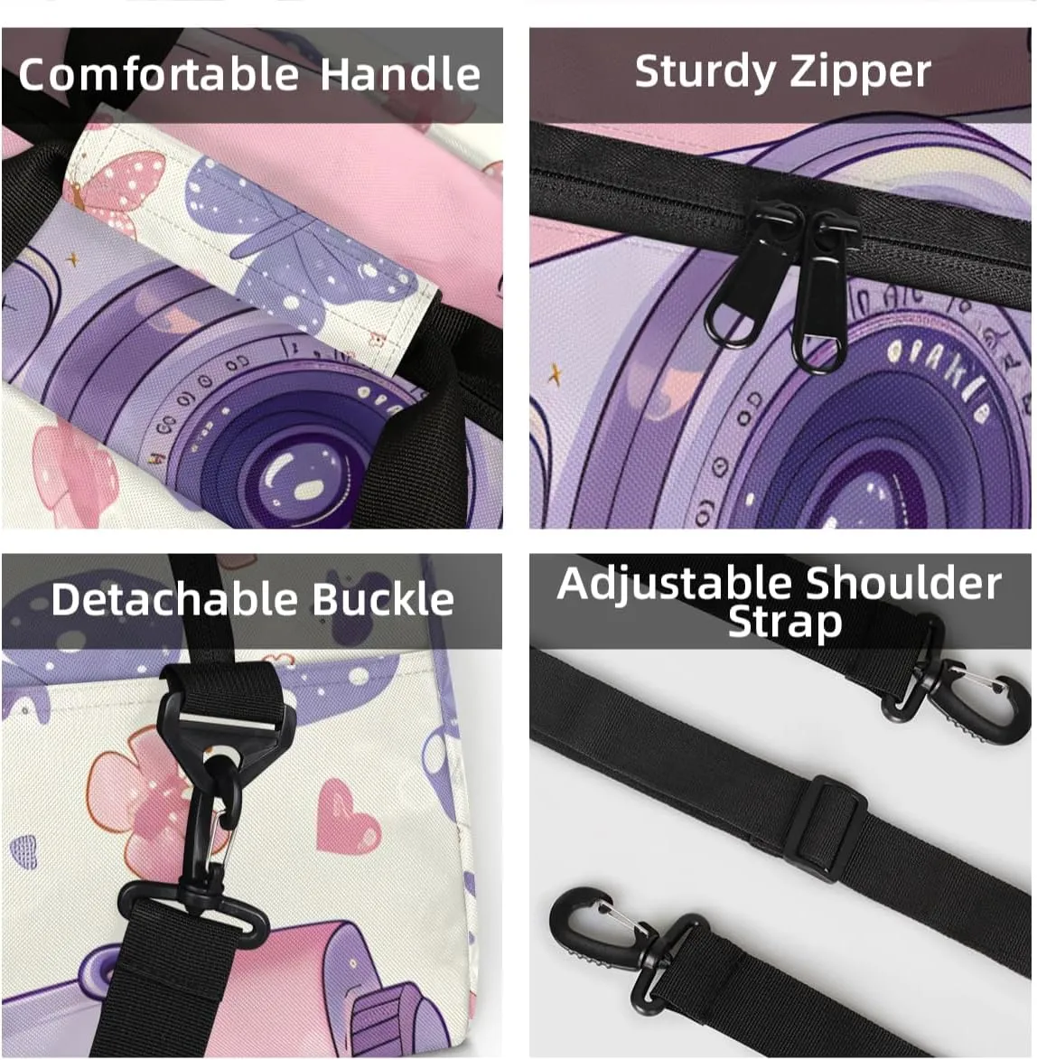Personalized Custom Gym Bag for Women Men Carry on Purple Camera Travel Duffel Tote Butterflies Pattern Overnight Workout Weekender Bag