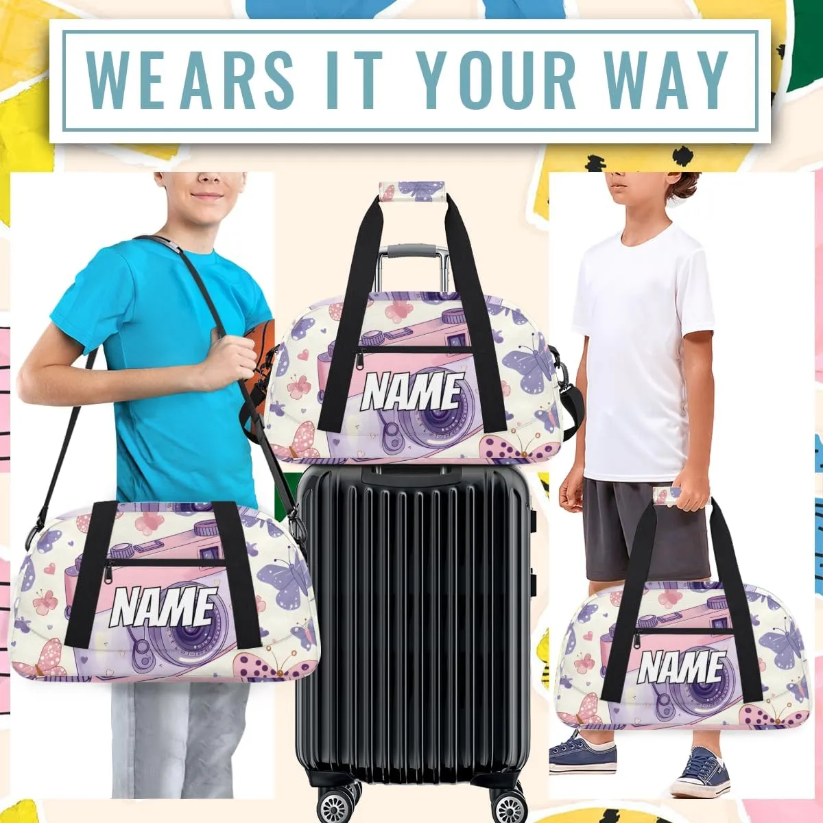 Personalized Custom Gym Bag for Women Men Carry on Purple Camera Travel Duffel Tote Butterflies Pattern Overnight Workout Weekender Bag