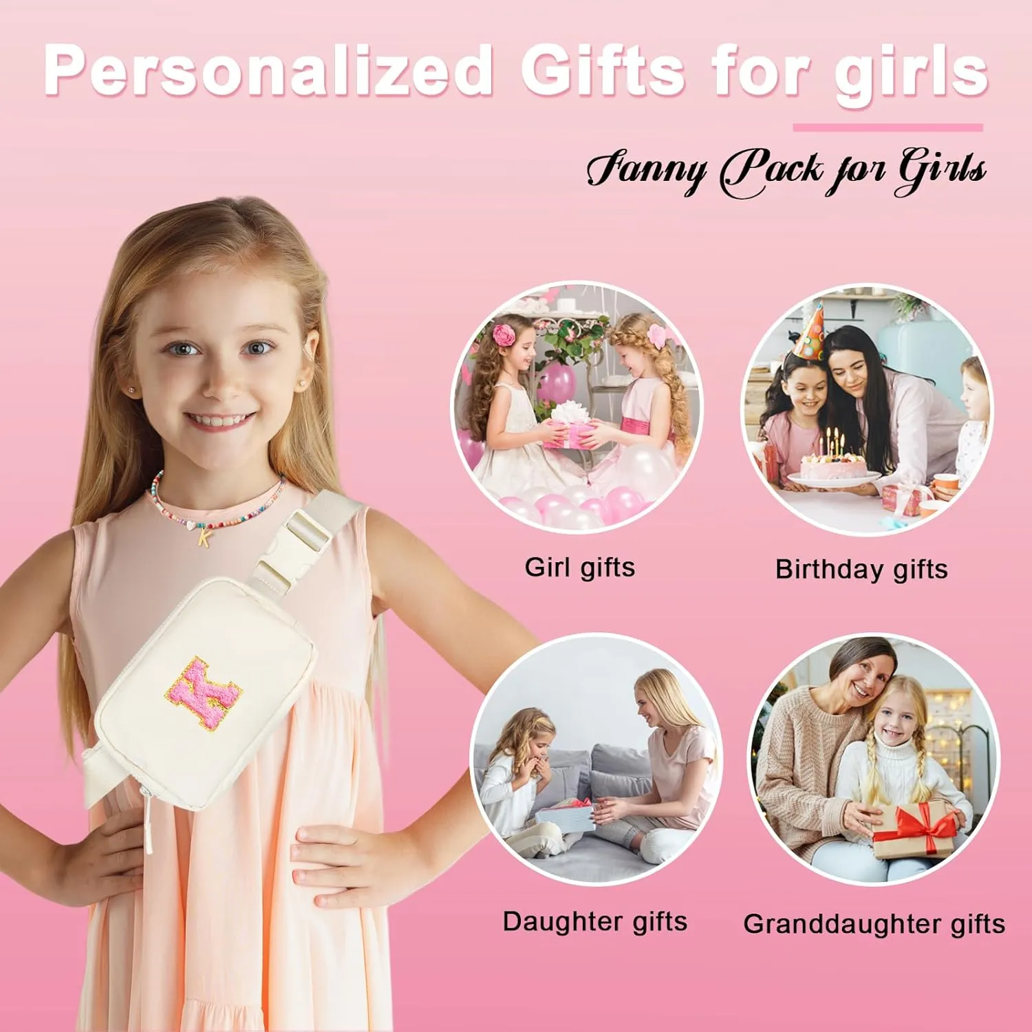Personalized Fanny Pack for Girls, Gift Sets for Teen Girls, Birthday Gifts for 4 5 6 7 8 9 10 11 12 13 Year Old Girl, Initial Crossbody Bag Belt Bag for Girl Kids (K)