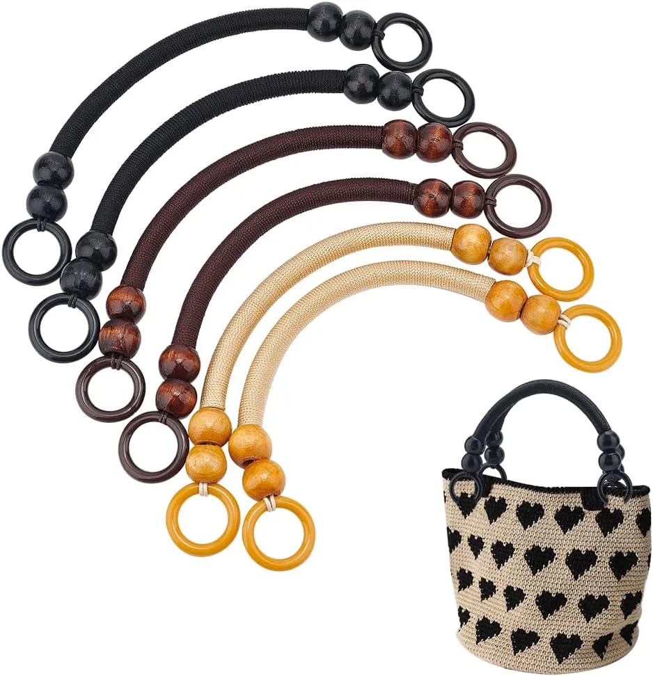PH PandaHall 6pcs Wooden Beaded Bag Handles, 3 Colors U-Shpaed Purse Handle Nylon Purse Straps Rustic Bag Handle Replacement for Crocheted Bag Making Handbags Baskets Tote Bags, 37cm/14.6 inch