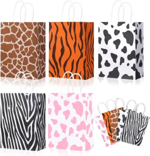 Pineraap 20 Pieces Animal Print Paper Gift Bags Jungle Safari Party Favor Bags Zoo Wildlife Goodie Treat Bags Tiger Zebra Giraffe Cow Pattern Candy Bags for Animal Themed Baby Shower Birthday Supplies