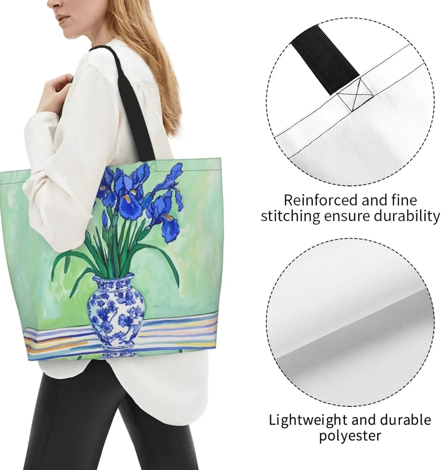 pink flowers print Reusable Shoulder Bags Large Casual Tote Bag Shopping Grocery grocery bag