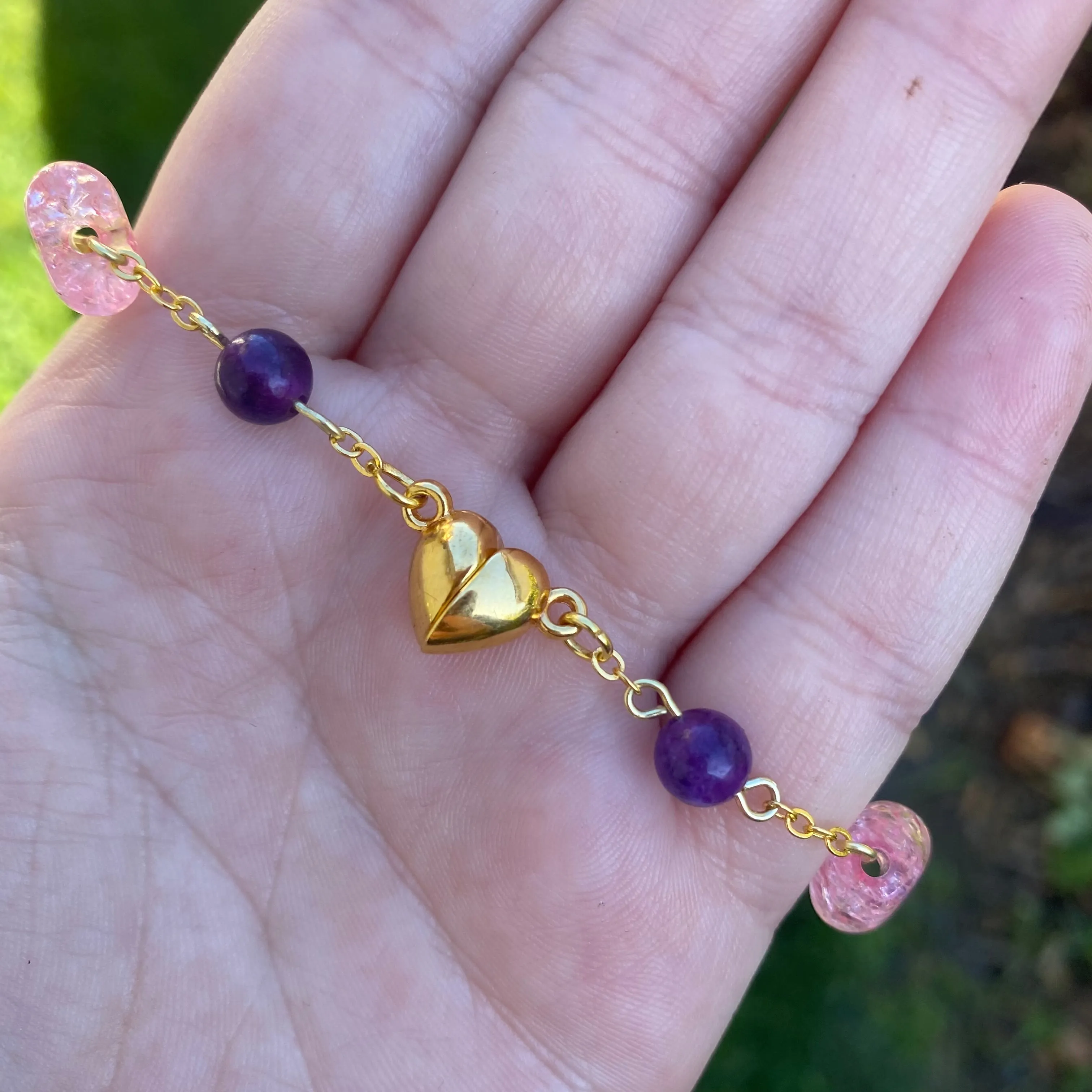 ‘Pixie Purity’ Amethyst Smoky Quartz and Glass Crackle Heart Beaded Heart Shaped Magnetic Closure Purple and Black Butterfly Charm Bracelet