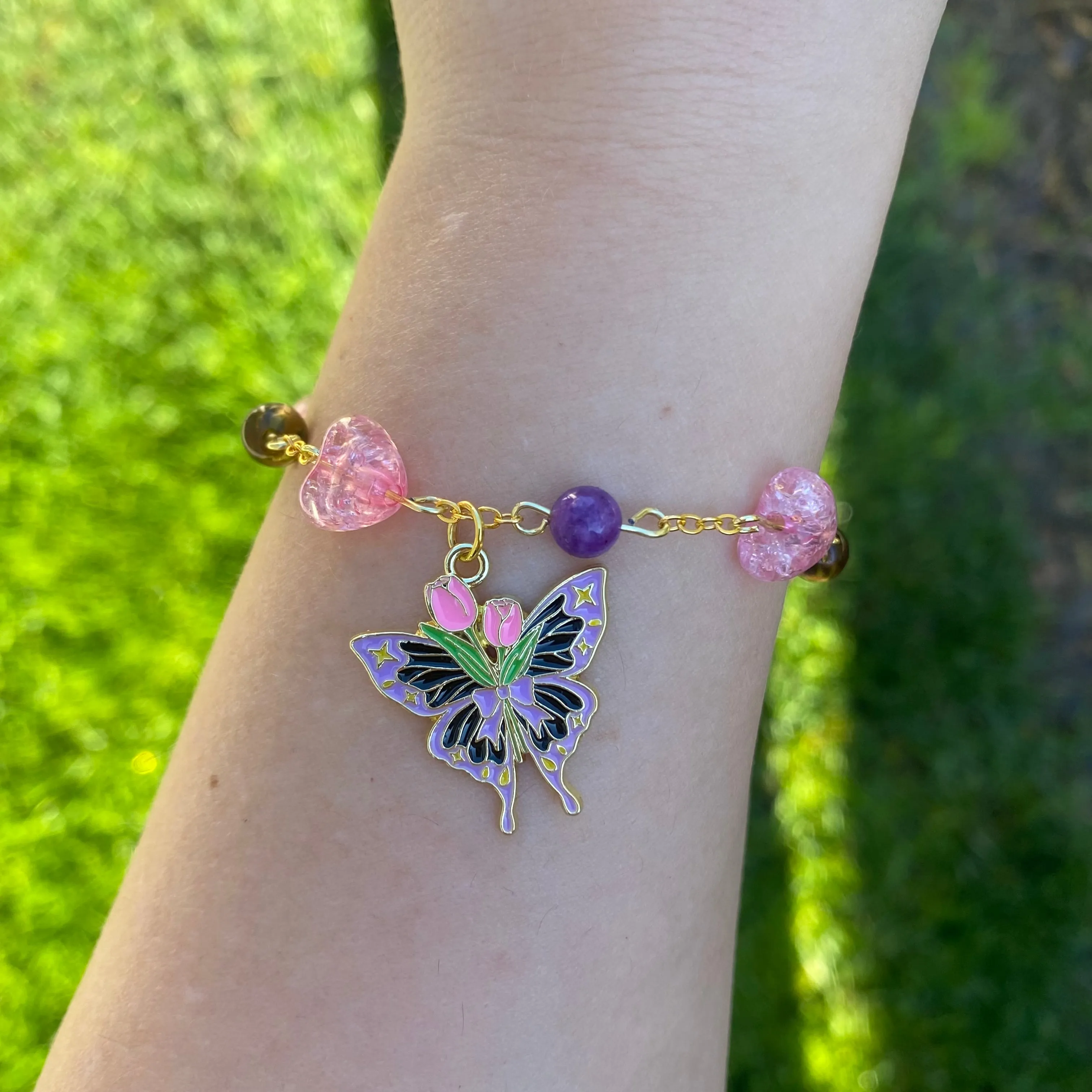‘Pixie Purity’ Amethyst Smoky Quartz and Glass Crackle Heart Beaded Heart Shaped Magnetic Closure Purple and Black Butterfly Charm Bracelet