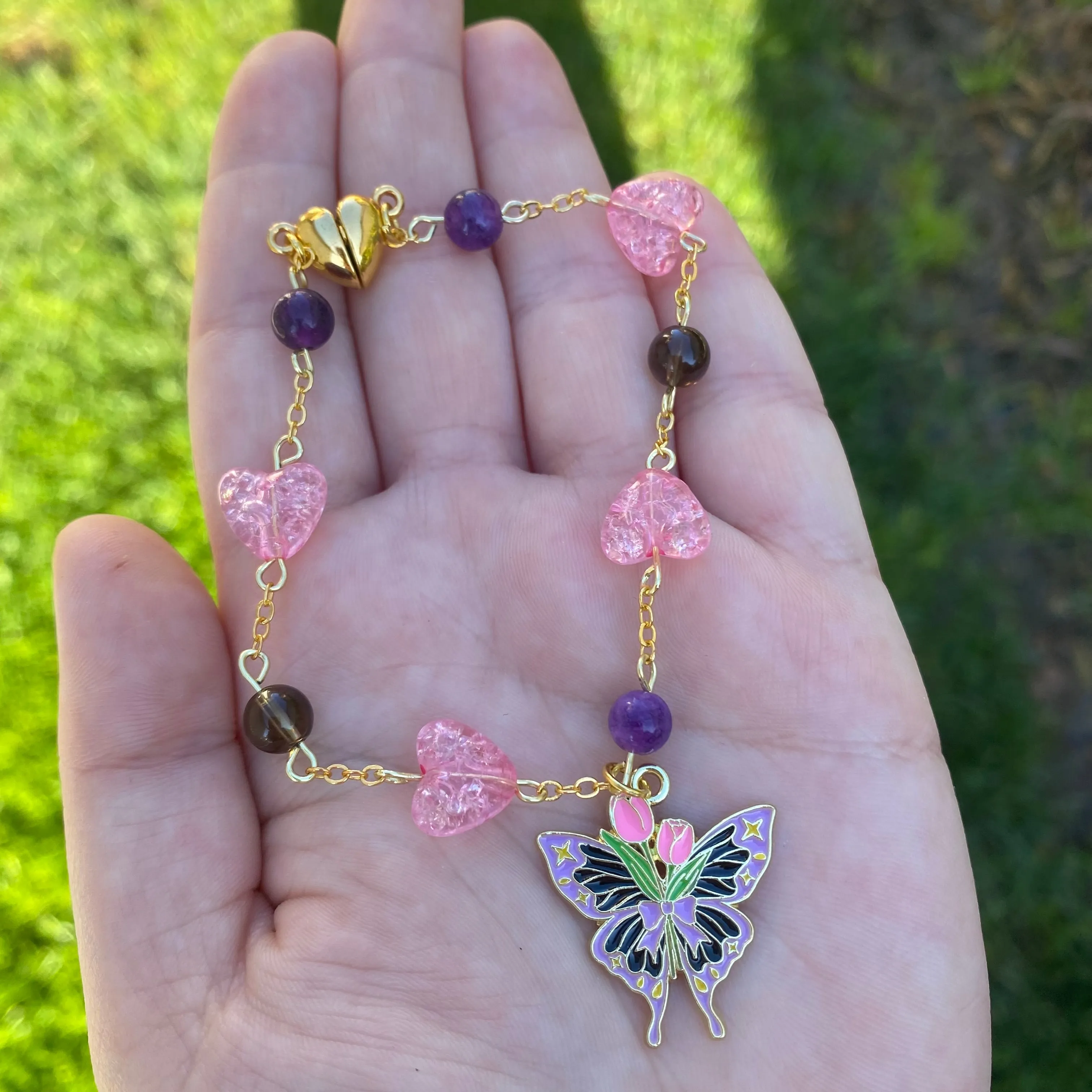 ‘Pixie Purity’ Amethyst Smoky Quartz and Glass Crackle Heart Beaded Heart Shaped Magnetic Closure Purple and Black Butterfly Charm Bracelet