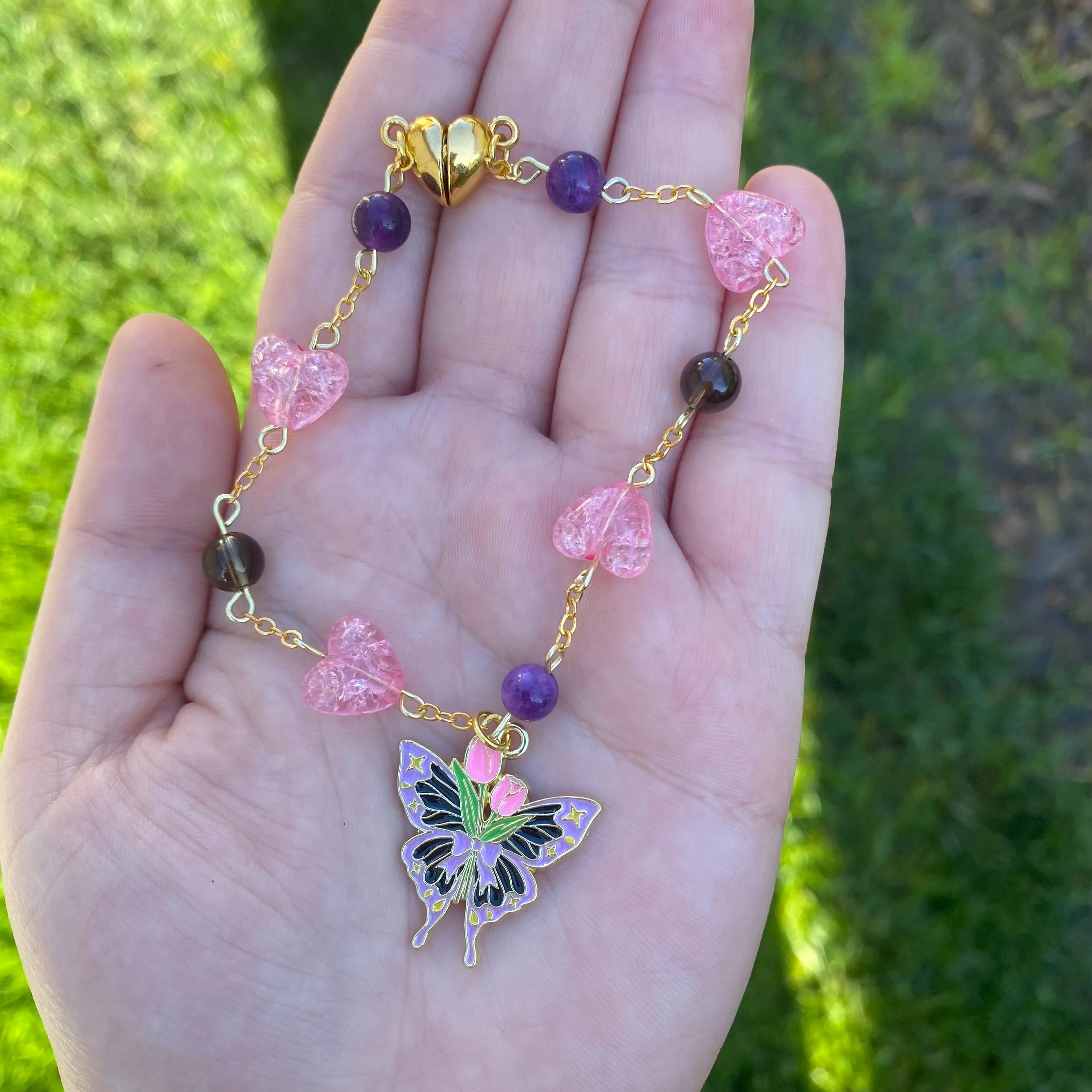 ‘Pixie Purity’ Amethyst Smoky Quartz and Glass Crackle Heart Beaded Heart Shaped Magnetic Closure Purple and Black Butterfly Charm Bracelet