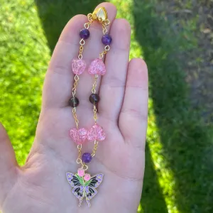 ‘Pixie Purity’ Amethyst Smoky Quartz and Glass Crackle Heart Beaded Heart Shaped Magnetic Closure Purple and Black Butterfly Charm Bracelet