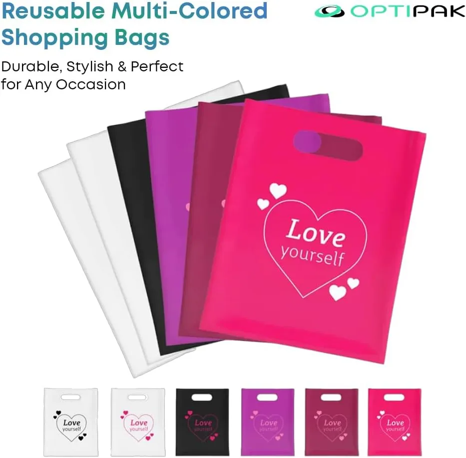 Plastic Bags with Handles – 12x15 Merchandise Bags for Small Business, Die-Cut Retail Boutique & Shopping Bag, Goodie Bag & Trade Show Supplies – Love Yourself (Pack of 100)
