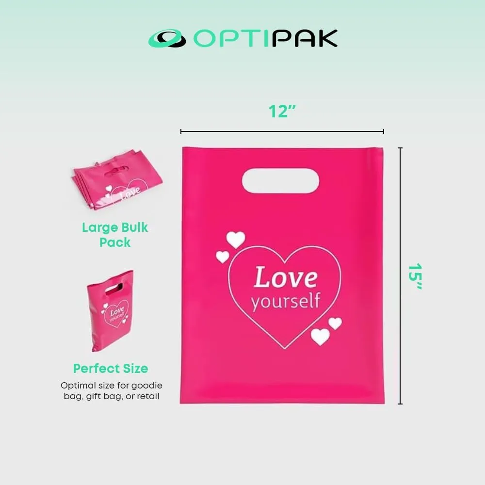 Plastic Bags with Handles – 12x15 Merchandise Bags for Small Business, Die-Cut Retail Boutique & Shopping Bag, Goodie Bag & Trade Show Supplies – Love Yourself (Pack of 100)