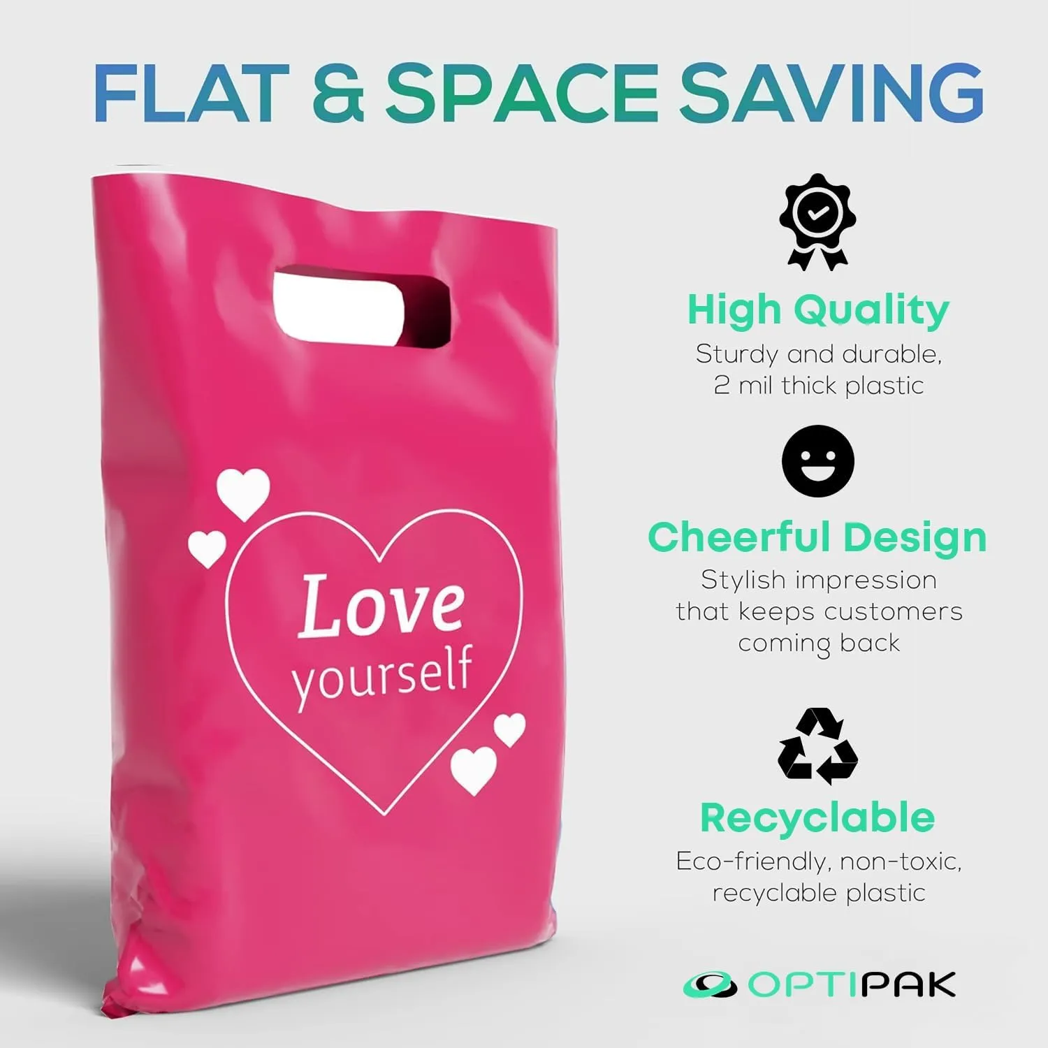 Plastic Bags with Handles – 12x15 Merchandise Bags for Small Business, Die-Cut Retail Boutique & Shopping Bag, Goodie Bag & Trade Show Supplies – Love Yourself (Pack of 100)