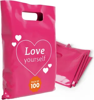 Plastic Bags with Handles – 12x15 Merchandise Bags for Small Business, Die-Cut Retail Boutique & Shopping Bag, Goodie Bag & Trade Show Supplies – Love Yourself (Pack of 100)