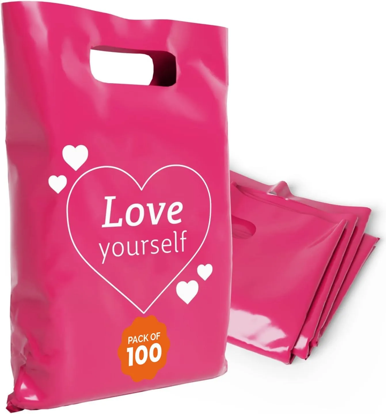 Plastic Bags with Handles – 12x15 Merchandise Bags for Small Business, Die-Cut Retail Boutique & Shopping Bag, Goodie Bag & Trade Show Supplies – Love Yourself (Pack of 100)