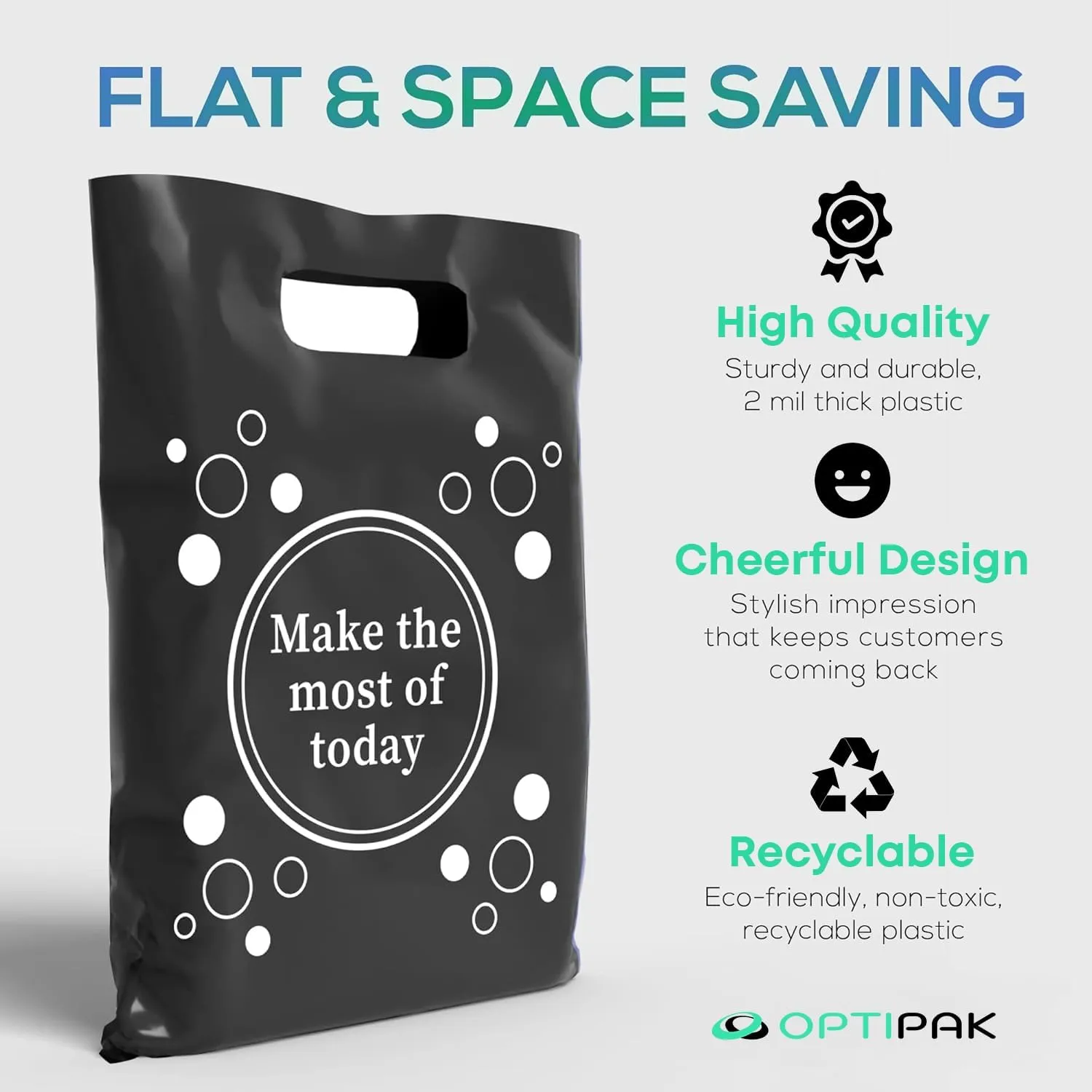 Plastic Bags with Handles – 12x15 Merchandise Bags for Small Business, Die-Cut Retail Boutique & Shopping Bag, Goodie Bag & Trade Show Supplies – Make Someone Smile Today (Pack of 100)