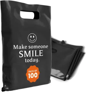 Plastic Bags with Handles – 12x15 Merchandise Bags for Small Business, Die-Cut Retail Boutique & Shopping Bag, Goodie Bag & Trade Show Supplies – Make Someone Smile Today (Pack of 100)