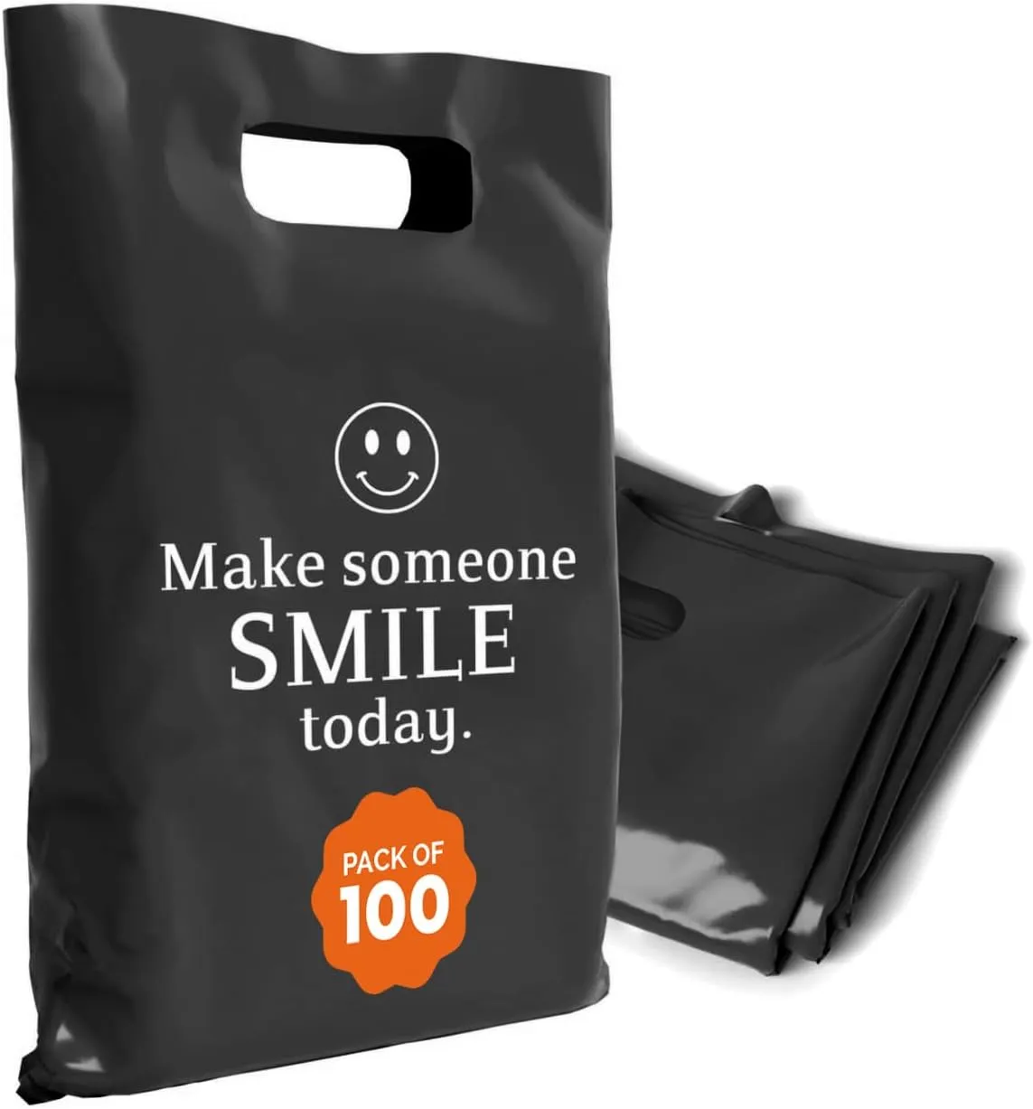 Plastic Bags with Handles – 12x15 Merchandise Bags for Small Business, Die-Cut Retail Boutique & Shopping Bag, Goodie Bag & Trade Show Supplies – Make Someone Smile Today (Pack of 100)