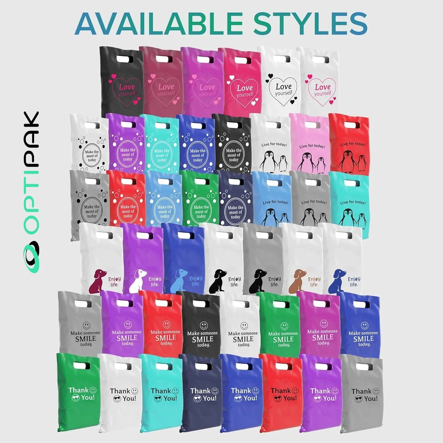 Plastic Bags with Handles,12x15 Merchandise Bags for Small Business,Die-Cut Retail Shopping & Boutique Bags,Vendor Event and Tradeshow Supplies,Enjoy Life