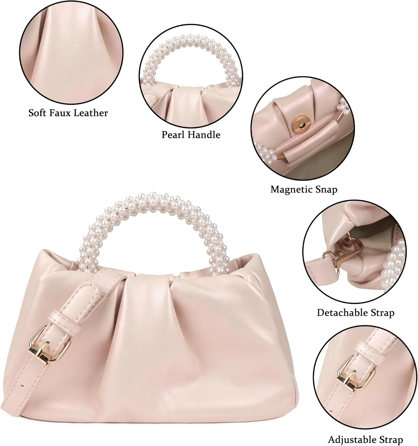 Pleated Clutch Purses for Women Soft Leather Evening Bag Pearl Handbags for Wedding Bridal Party Prom