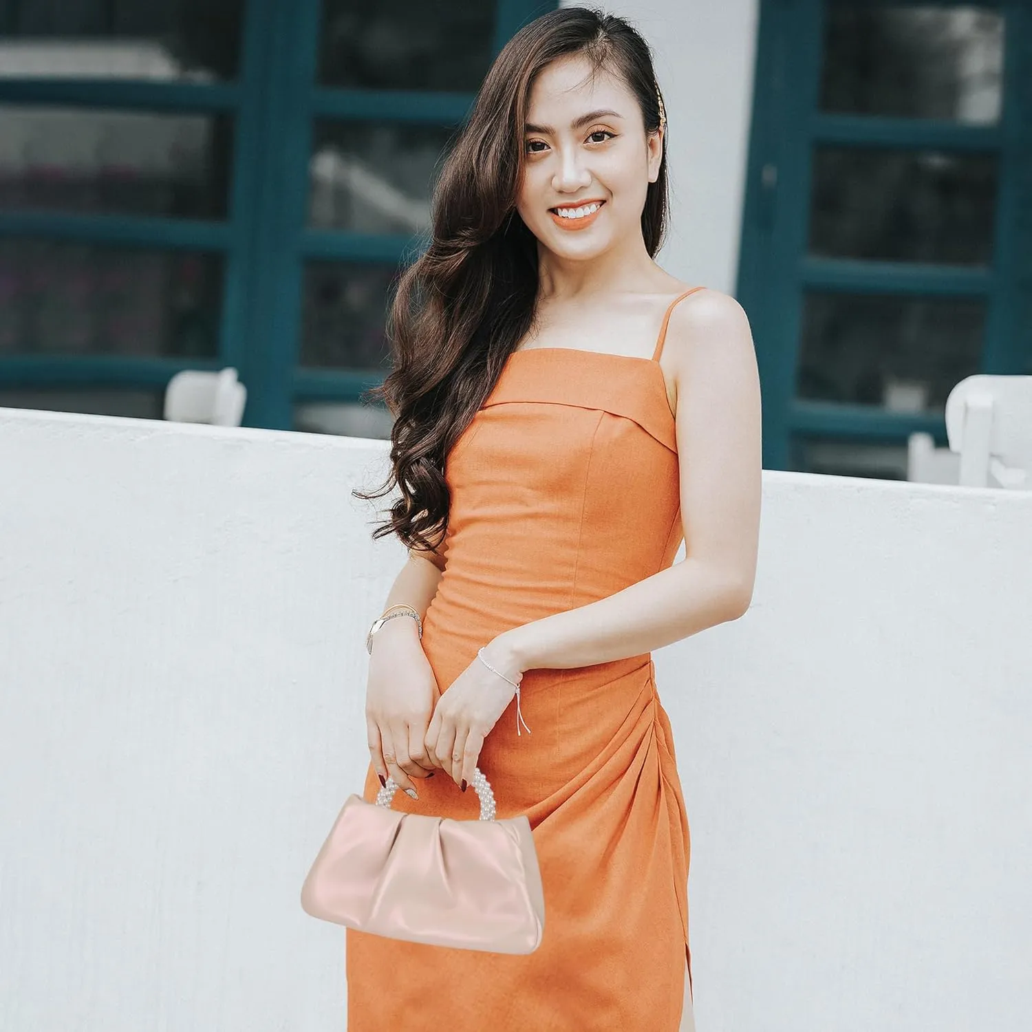 Pleated Clutch Purses for Women Soft Leather Evening Bag Pearl Handbags for Wedding Bridal Party Prom