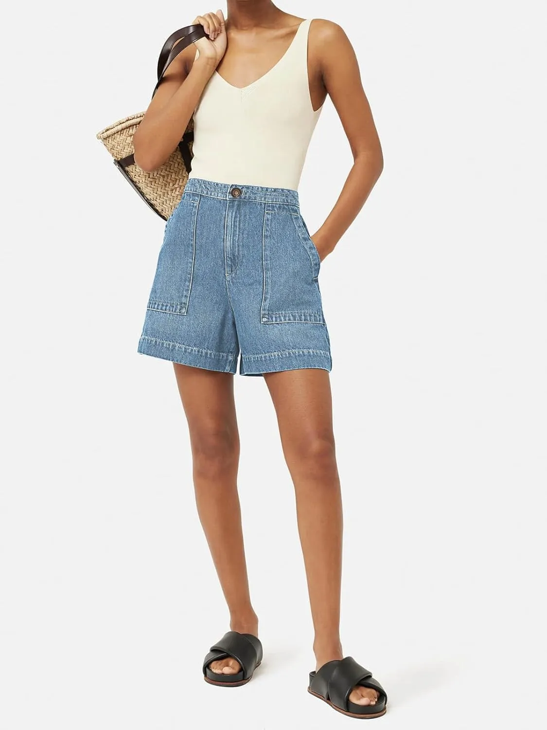 PLNOTME Women's Casual Jean Shorts High Waisted Denim Shorts Wide Leg Summer Shorts with Pockets