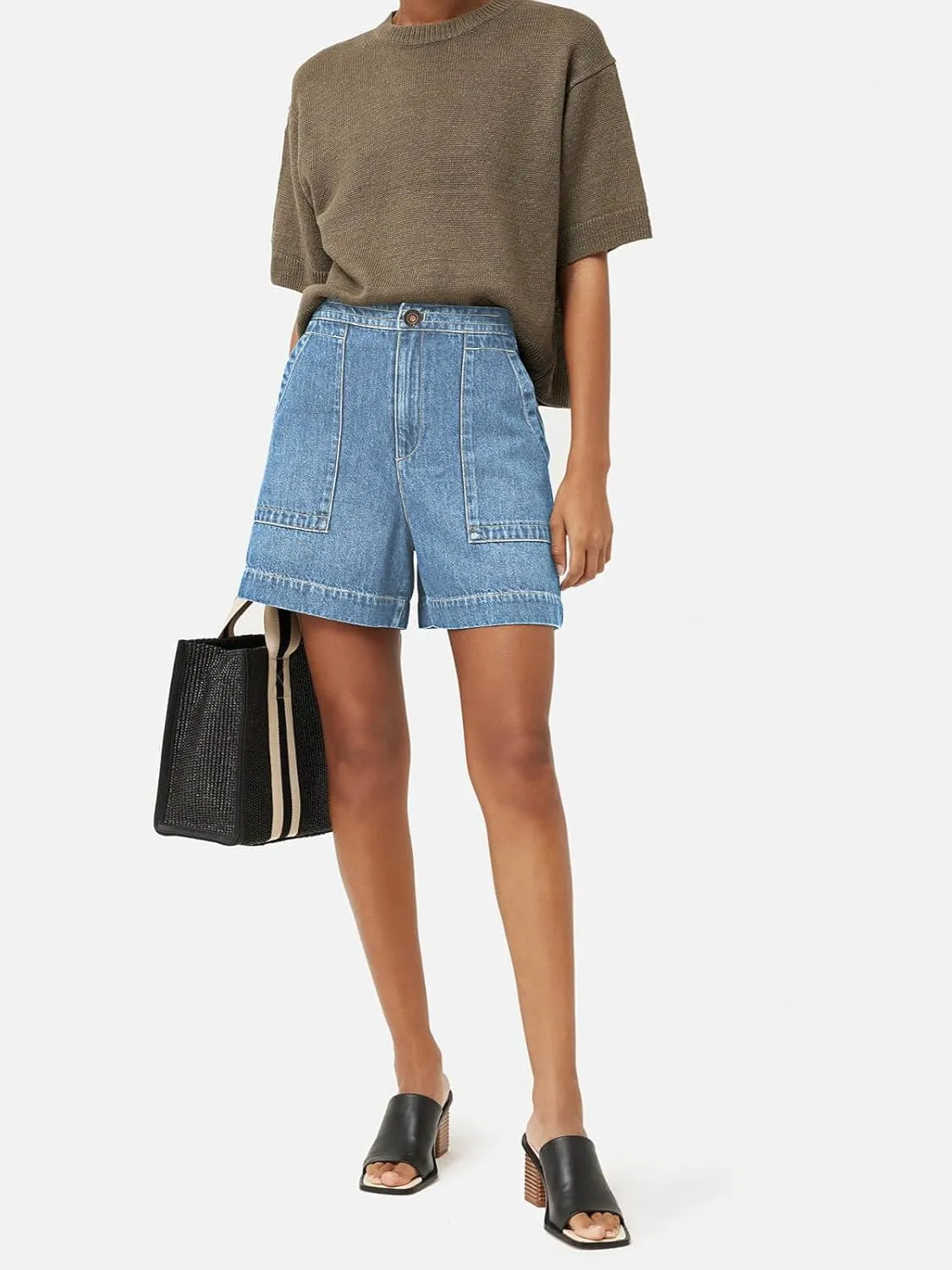 PLNOTME Women's Casual Jean Shorts High Waisted Denim Shorts Wide Leg Summer Shorts with Pockets
