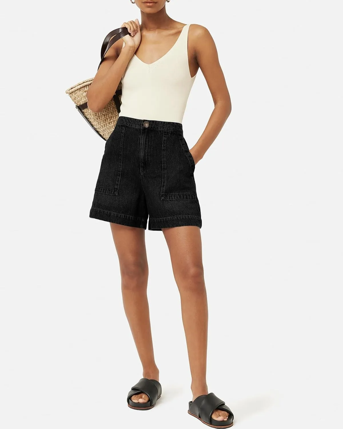 PLNOTME Women's Casual Jean Shorts High Waisted Denim Shorts Wide Leg Summer Shorts with Pockets
