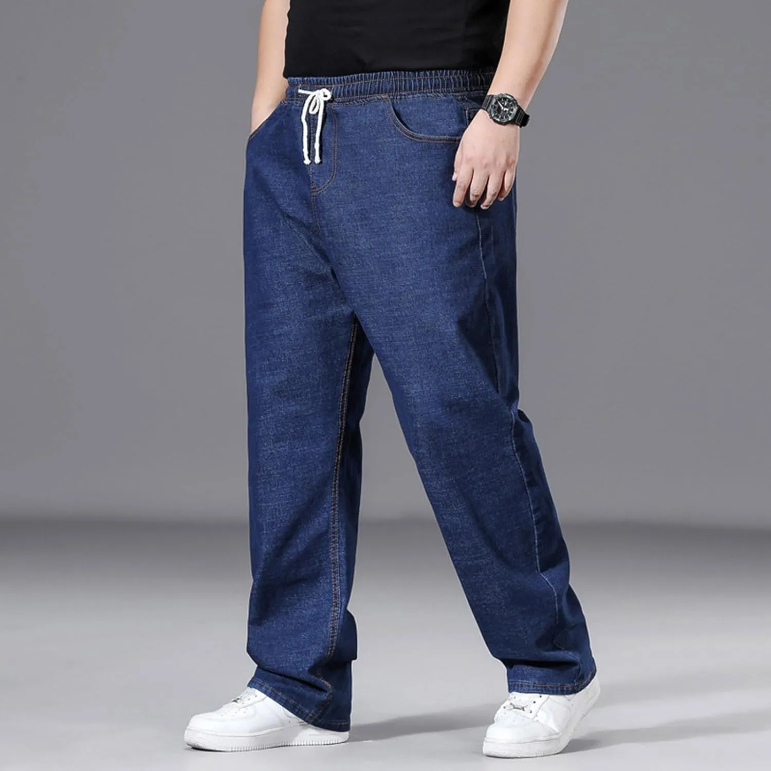 Plus Size Baggy Jeans for Men Elastic Waist Pull On Denim Pants Drawstring Straight Loose Jean Sweatpants L-5XL