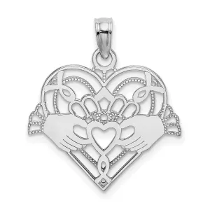 Polished And Beaded Claddagh Symbol Heart Shaped Charm Pendant in Real 14k White Gold