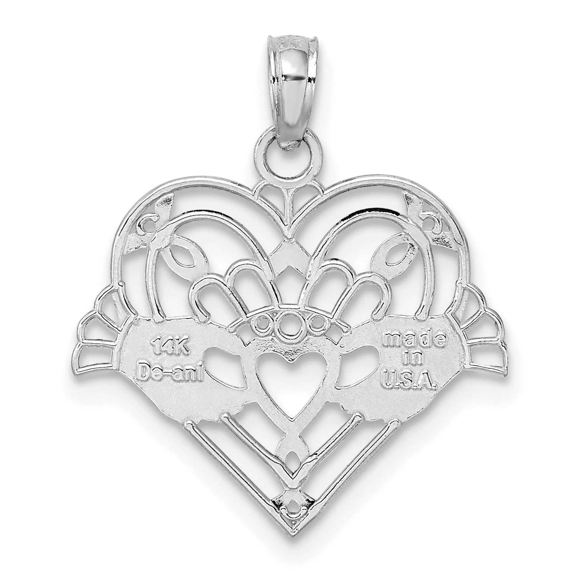 Polished And Beaded Claddagh Symbol Heart Shaped Charm Pendant in Real 14k White Gold