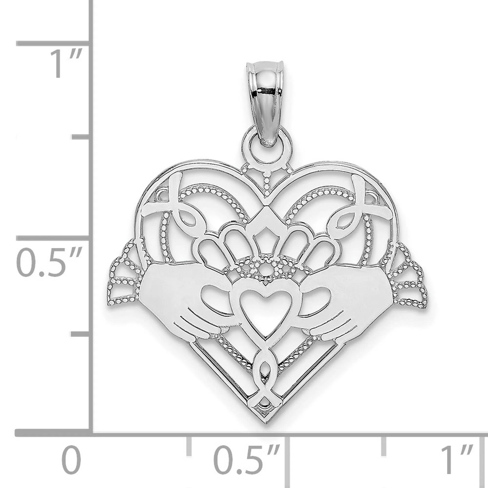 Polished And Beaded Claddagh Symbol Heart Shaped Charm Pendant in Real 14k White Gold
