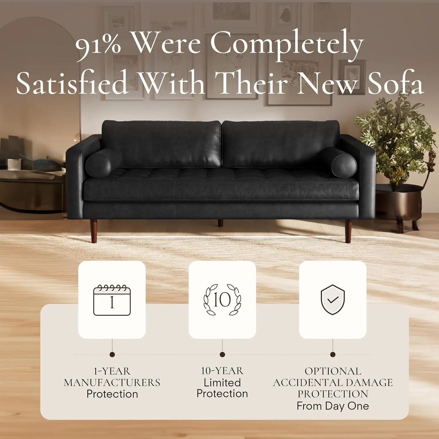Poly & Bark Napa Leather Couch - 88.5-Inch Office Sofa with 2 Bolsters - Full-Grain Leather Sofa for Living Room with Feather-Down Topper - Living Room Couch - Vintage Italian Leather in Onyx Black