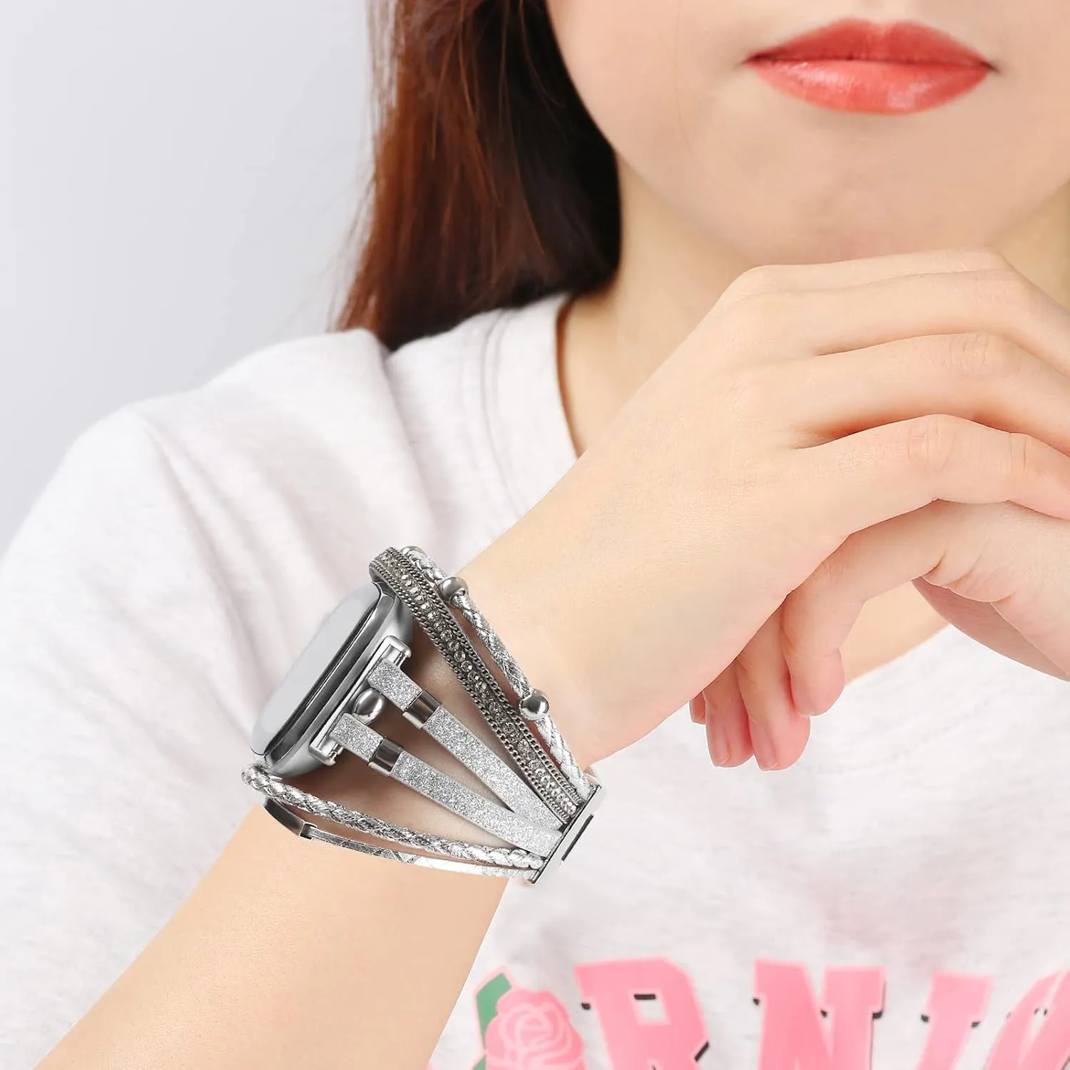 Posh Leather Bands Compatible with Fitbit Versa 3/Fitbit Sense, Women Boho Stylish Multilayer Wrap Bracelets Wristband, Handmade Adjustable Jewelry Strap for Sense/Versa 3 Smart Watch