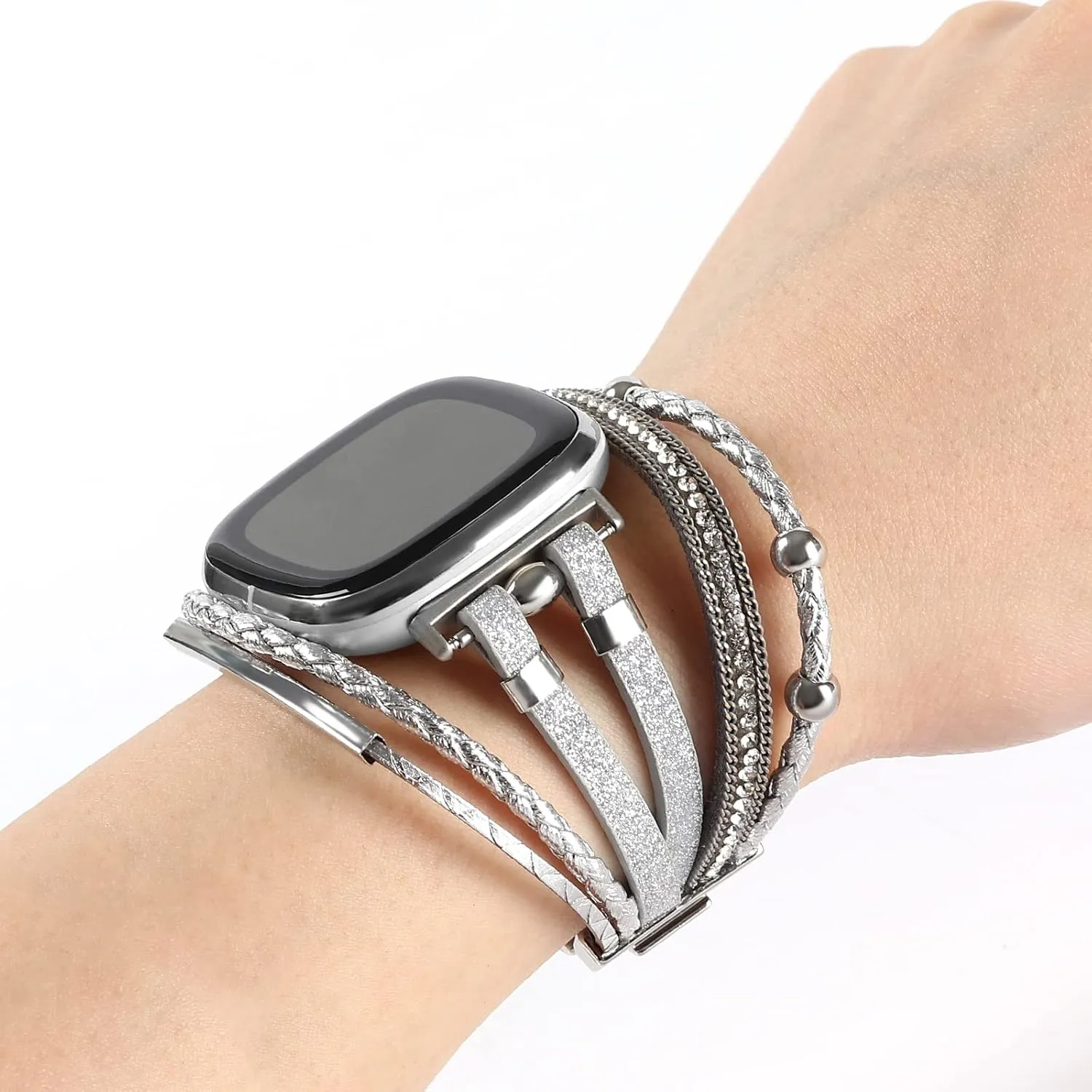 Posh Leather Bands Compatible with Fitbit Versa 3/Fitbit Sense, Women Boho Stylish Multilayer Wrap Bracelets Wristband, Handmade Adjustable Jewelry Strap for Sense/Versa 3 Smart Watch