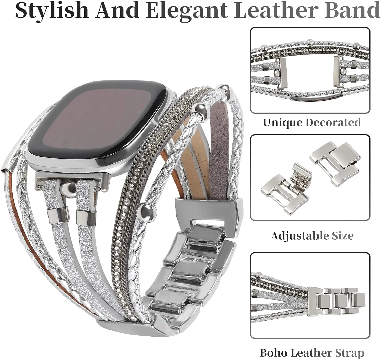 Posh Leather Bands Compatible with Fitbit Versa 3/Fitbit Sense, Women Boho Stylish Multilayer Wrap Bracelets Wristband, Handmade Adjustable Jewelry Strap for Sense/Versa 3 Smart Watch