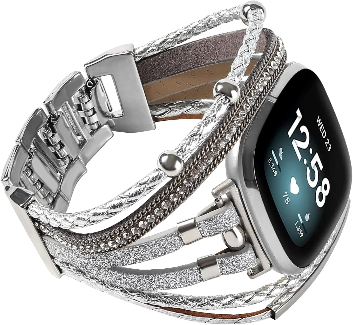 Posh Leather Bands Compatible with Fitbit Versa 3/Fitbit Sense, Women Boho Stylish Multilayer Wrap Bracelets Wristband, Handmade Adjustable Jewelry Strap for Sense/Versa 3 Smart Watch