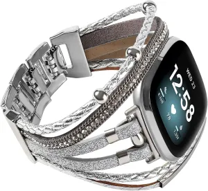 Posh Leather Bands Compatible with Fitbit Versa 3/Fitbit Sense, Women Boho Stylish Multilayer Wrap Bracelets Wristband, Handmade Adjustable Jewelry Strap for Sense/Versa 3 Smart Watch