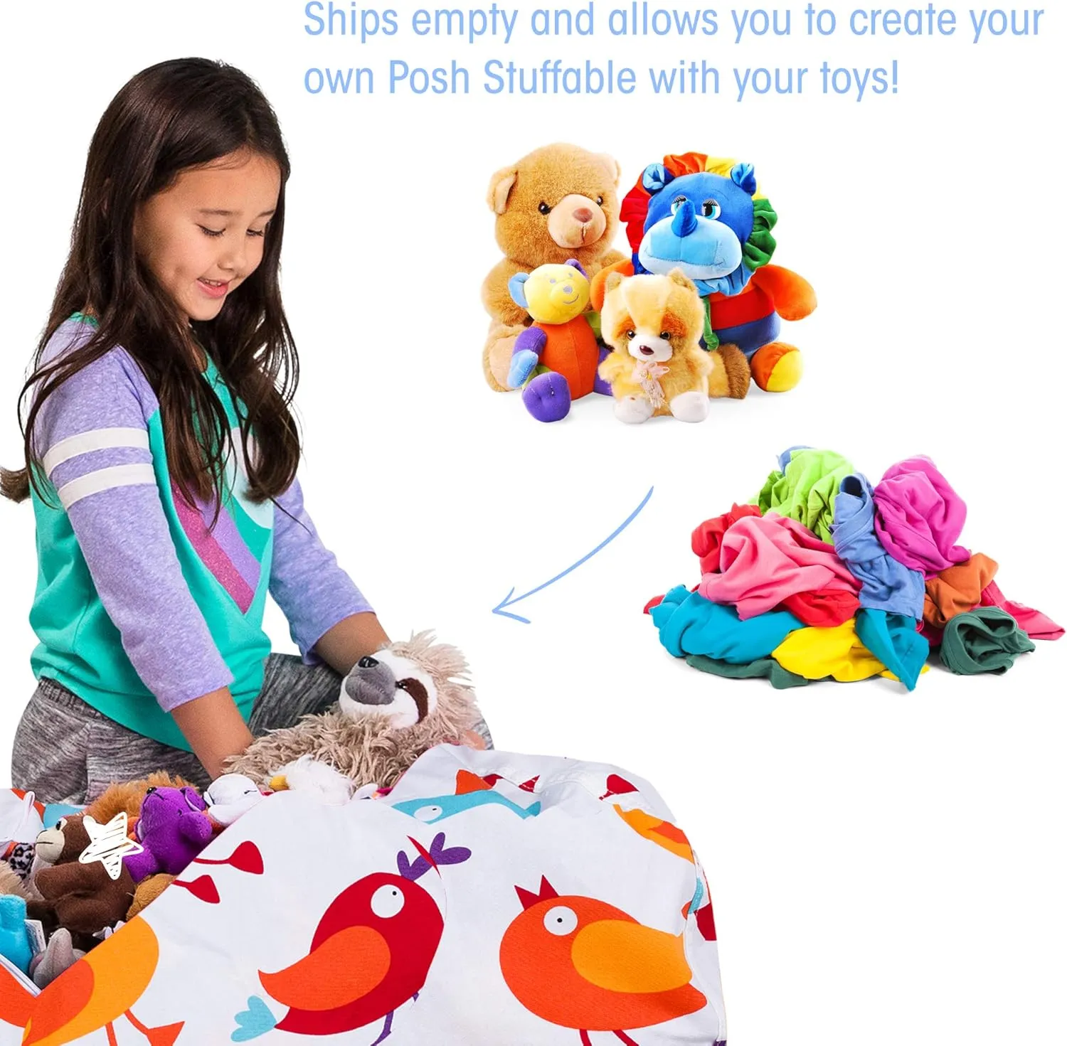 Posh Stuffable Kids Stuffed Animal Storage Bean Bag Chair Cover - Childrens Toy Organizer, Large 38" - Canvas Birds on White
