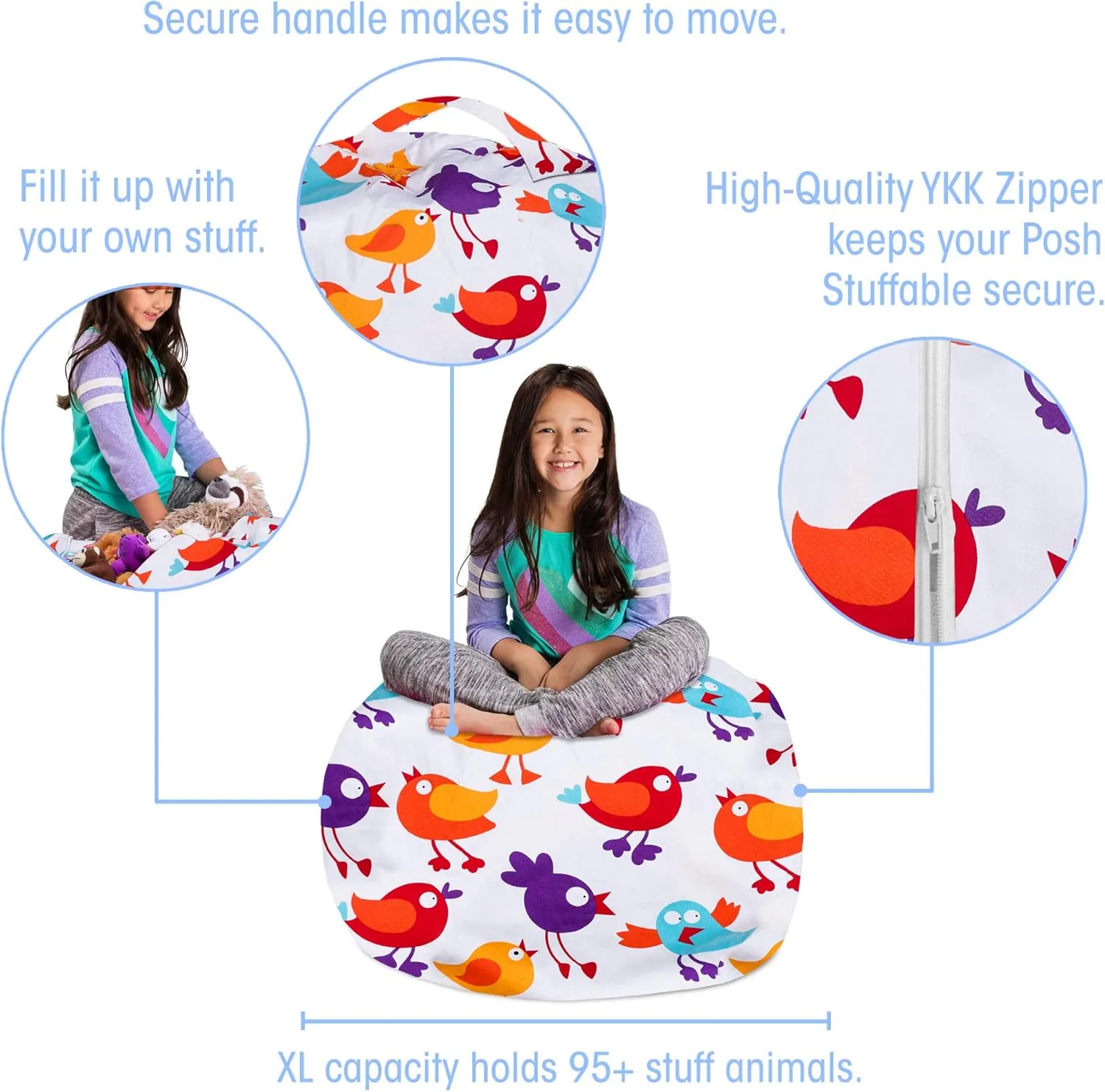 Posh Stuffable Kids Stuffed Animal Storage Bean Bag Chair Cover - Childrens Toy Organizer, Large 38" - Canvas Birds on White