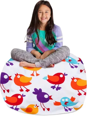 Posh Stuffable Kids Stuffed Animal Storage Bean Bag Chair Cover - Childrens Toy Organizer, Large 38" - Canvas Birds on White
