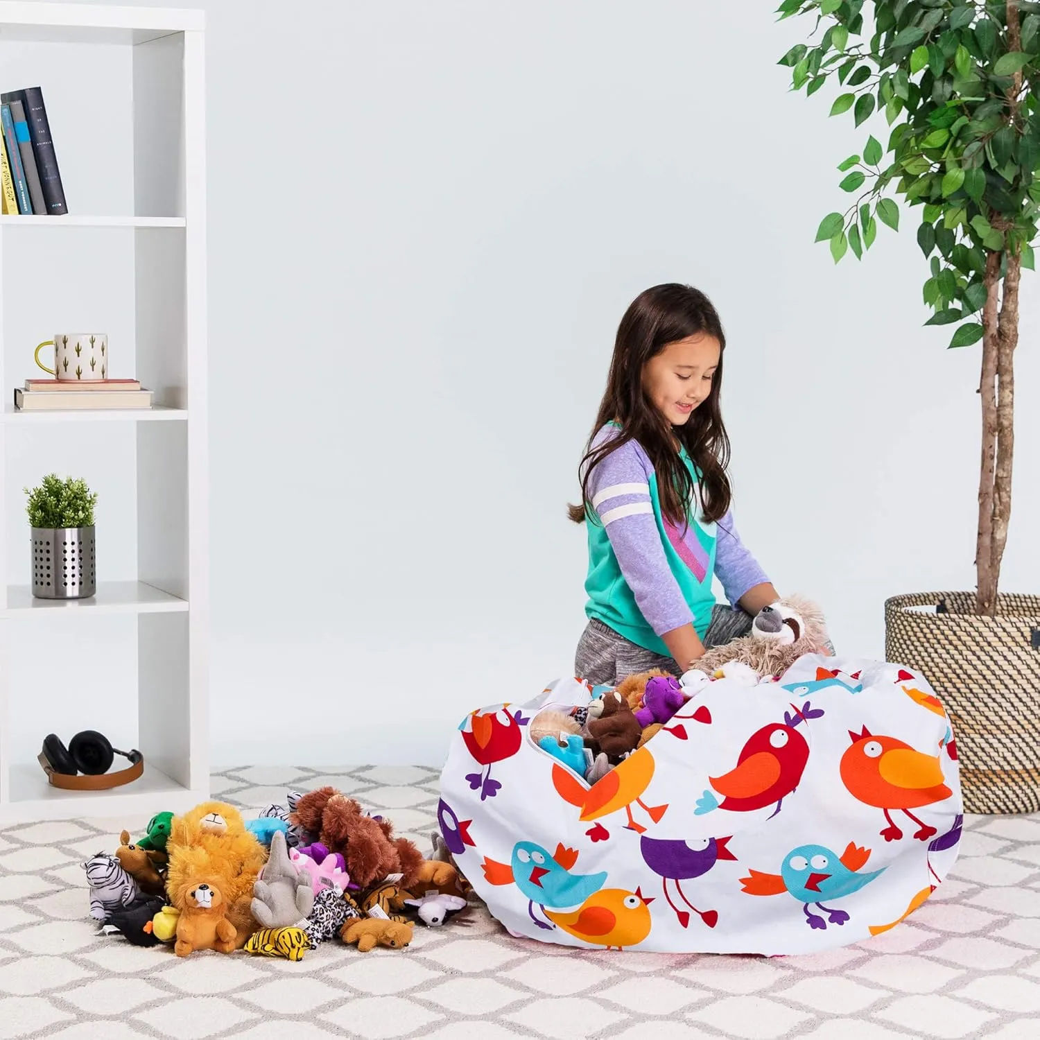 Posh Stuffable Kids Stuffed Animal Storage Bean Bag Chair Cover - Childrens Toy Organizer, Large 38" - Canvas Birds on White
