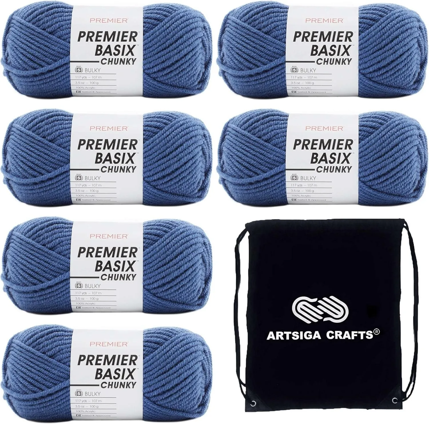 Premier Yarns Basix Chunky Denim 1145-34 (6-Skeins - Same Dye Lot) Chunky Bulky #5 Acrylic Yarn for Crocheting and Knitting with Project Bag