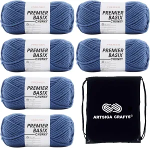 Premier Yarns Basix Chunky Denim 1145-34 (6-Skeins - Same Dye Lot) Chunky Bulky #5 Acrylic Yarn for Crocheting and Knitting with Project Bag
