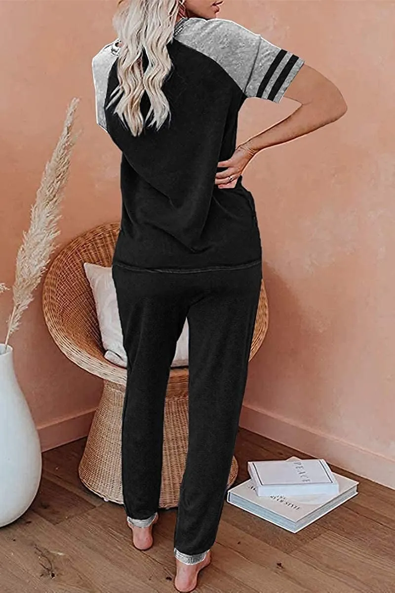 PRETTYGARDEN Women Summer Two Piece Outfits Striped Short Sleeve Pullover and Long Pants Tracksuit Travel Pajama Lounge Set
