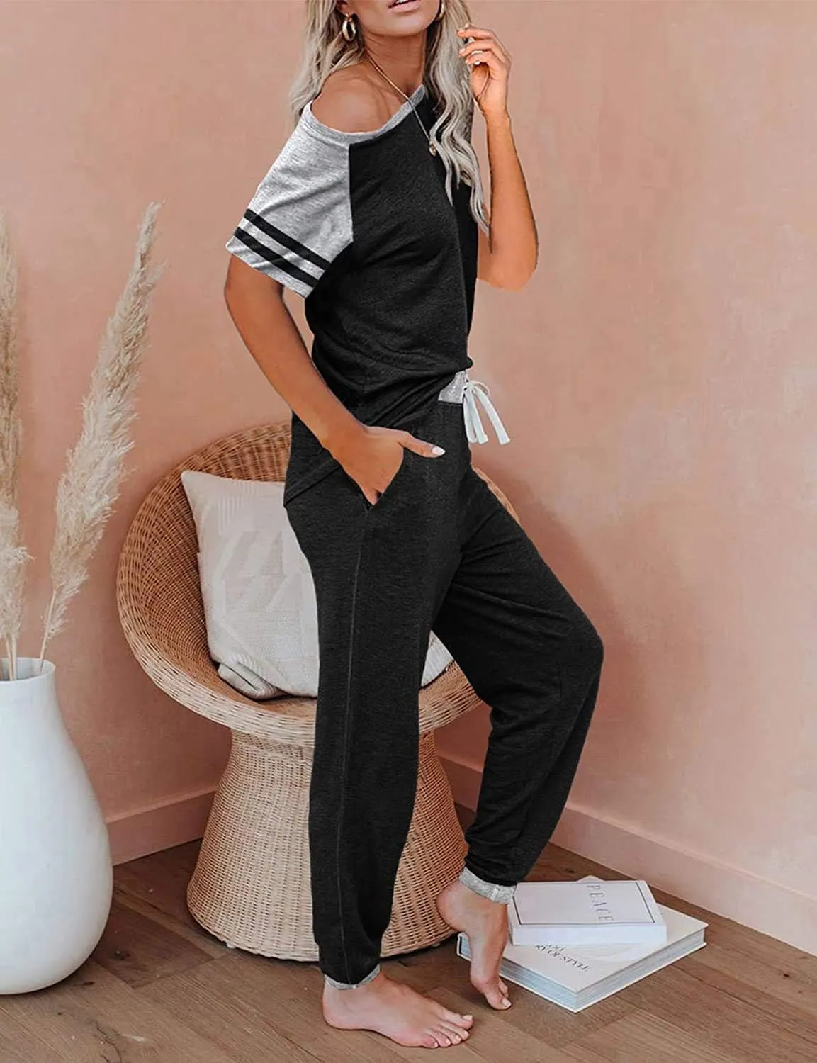 PRETTYGARDEN Women Summer Two Piece Outfits Striped Short Sleeve Pullover and Long Pants Tracksuit Travel Pajama Lounge Set