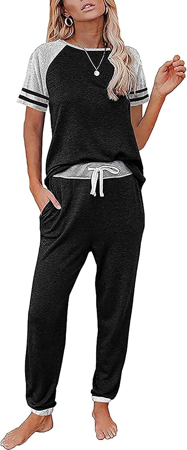 PRETTYGARDEN Women Summer Two Piece Outfits Striped Short Sleeve Pullover and Long Pants Tracksuit Travel Pajama Lounge Set