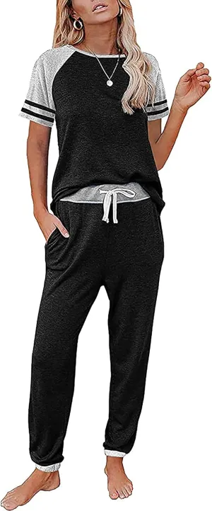 PRETTYGARDEN Women Summer Two Piece Outfits Striped Short Sleeve Pullover and Long Pants Tracksuit Travel Pajama Lounge Set